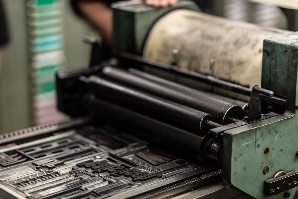 Rouleaux encreurs d’une presse, vus de très près
